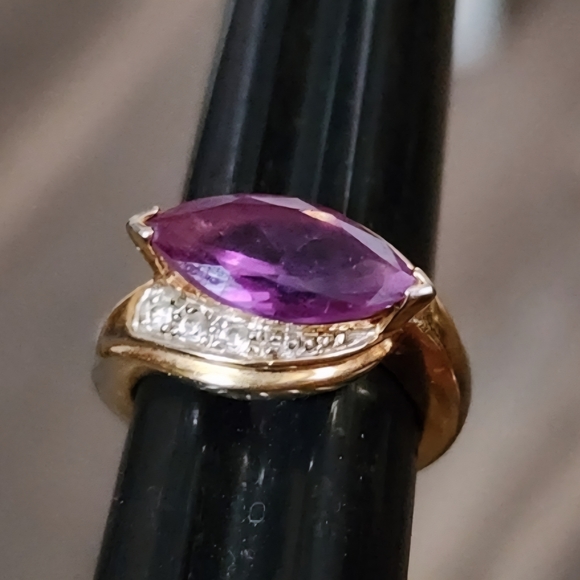 Sterling Silver Gold Vermeil Purple Stone and Diamond Accent Stones Sz 5 Pinky - Picture 6 of 8